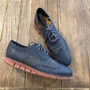 Cole Haan Navy Perforated Oxfords with Burgandy Soles
